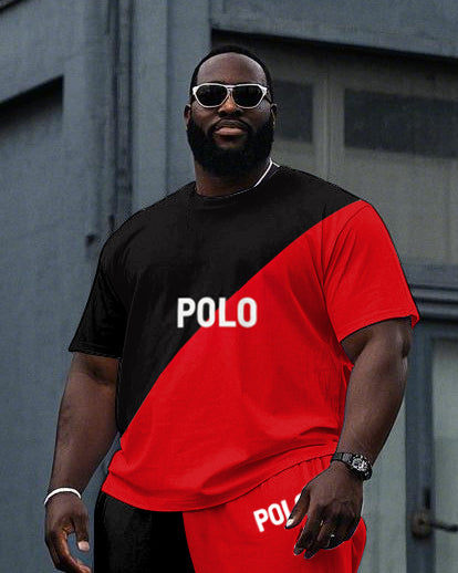 Big Men's Casual Red and Black Color Block POLO Printed Short Sleeve T-shirt Drawstring Pants Set