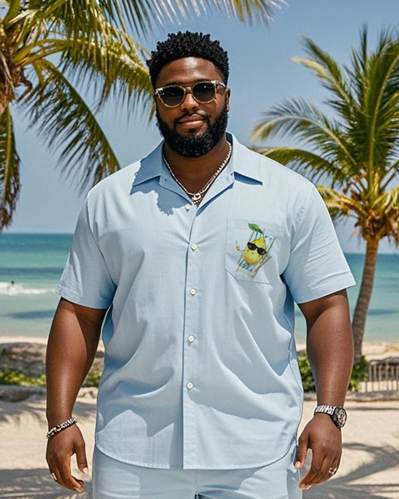 Big & Tall Men's Hawaiian Vacation Lemon Print Pocket Shirt Shorts Suit