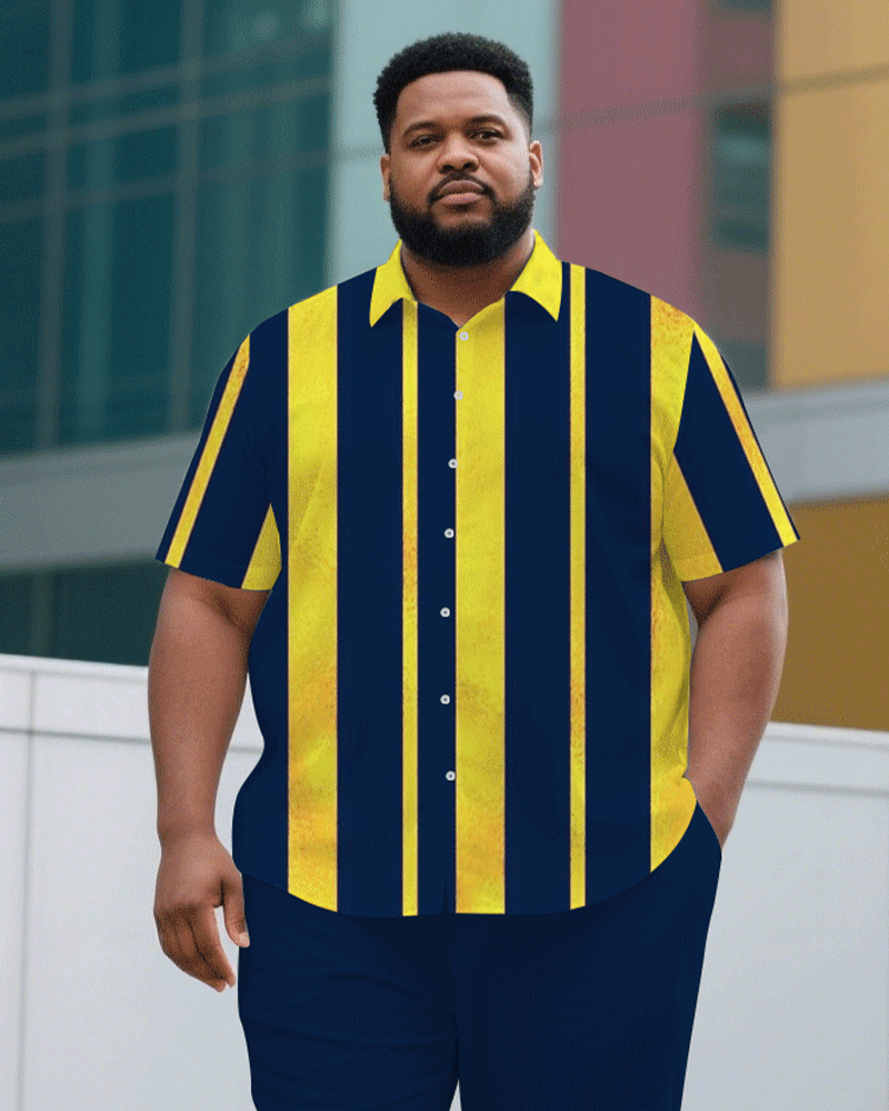 Big & Tall Men's Casual Royal Blue & Yellow Thick Stripe Short Sleeve Shirt Trousers Suit