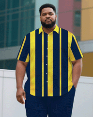 Big & Tall Men's Casual Royal Blue & Yellow Thick Stripe Short Sleeve Shirt Trousers Suit
