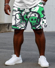 Men's Plus Size Street Fashion "Respect" Slogan Hand Brush Printed Short Sleeve T-Shirt Shorts Suit