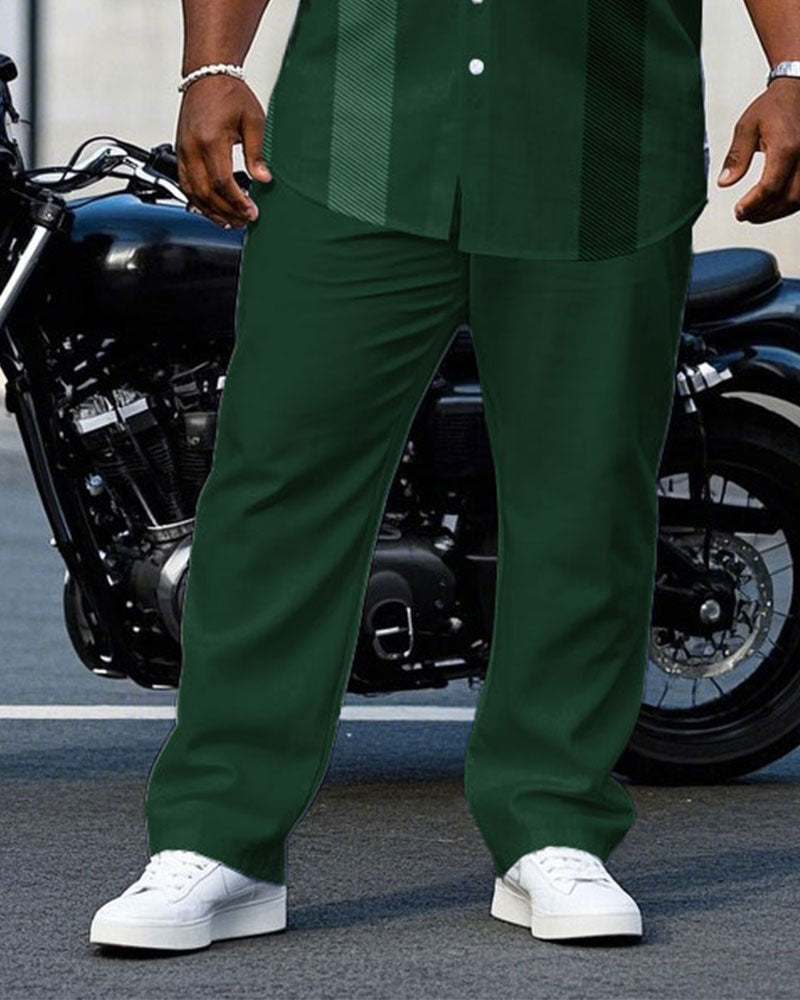 Men's Plus Size Gentleman Style Green Large Plaid Short Sleeve Shirt Pants Suit