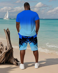 Men's Plus Size Hawaiian Gradient Blue Coconut Print Short Sleeve T-Shirt Shorts Suit