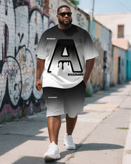 Men's Plus Size Street Graffiti Black Gradient A Letter Print Round Neck Short Sleeve T-Shirt Shorts Suit