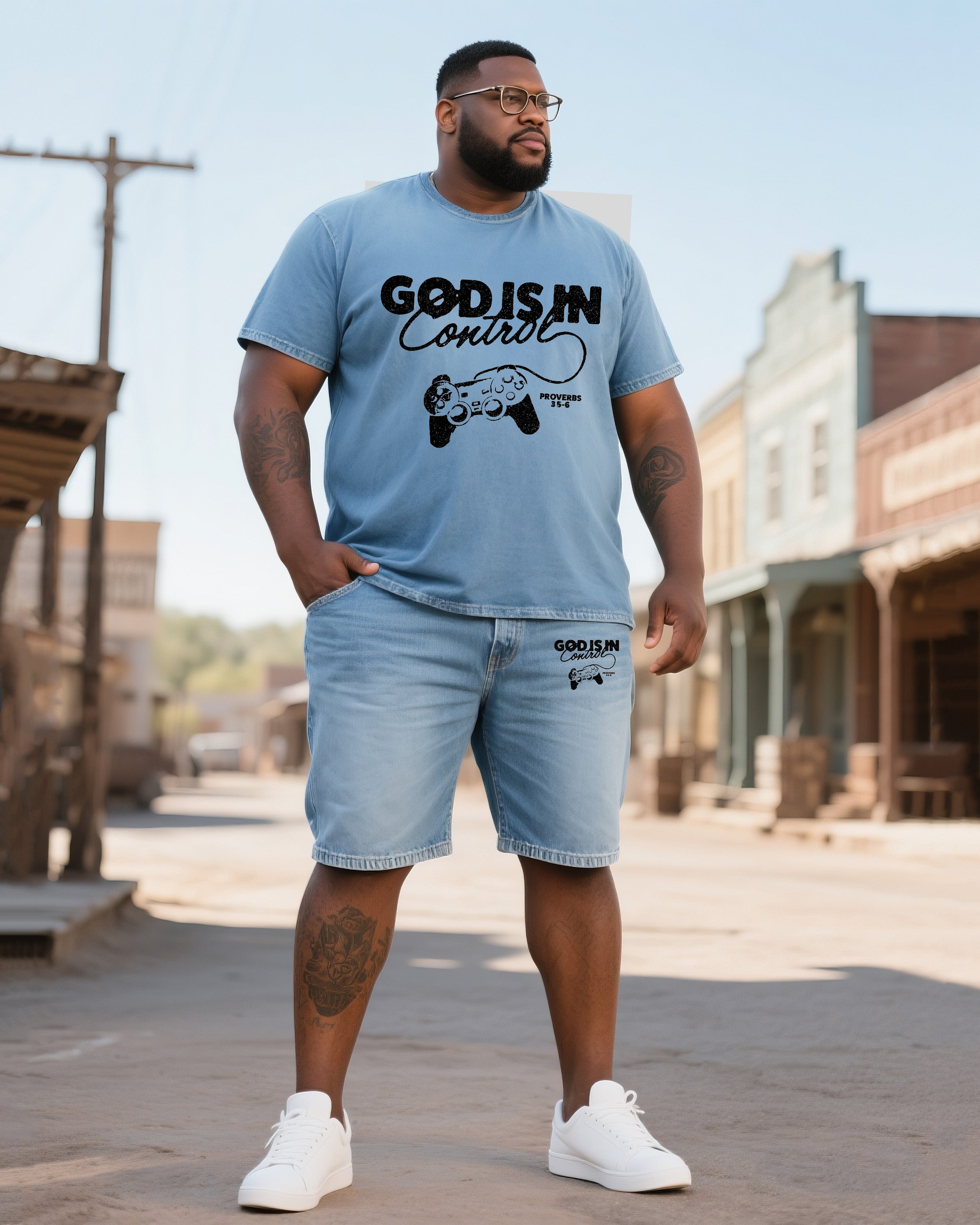 Big & Tall Men's God In Control. Shorts Denim Suit
