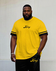Men's Plus Size Casual Fashion Yellow Special Cuff Stitching Black Short-sleeved T-shirt Trousers Suit