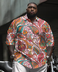 Men's Plus Size Vintage Cashew Flower Long Sleeve Lapel Shirt 2 Piece Set