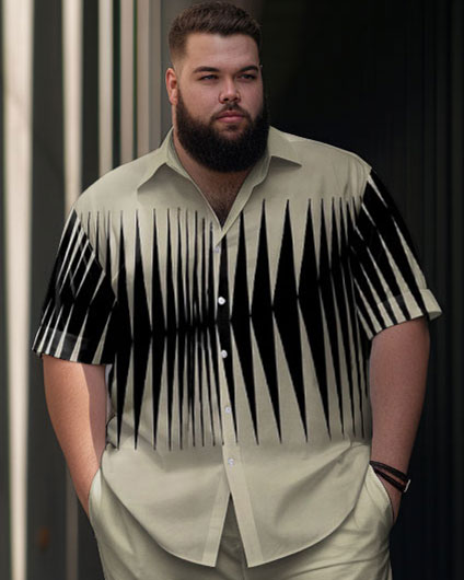 Big Men Colorblock Geometric Cuban Collar Short Sleeve Walking Set