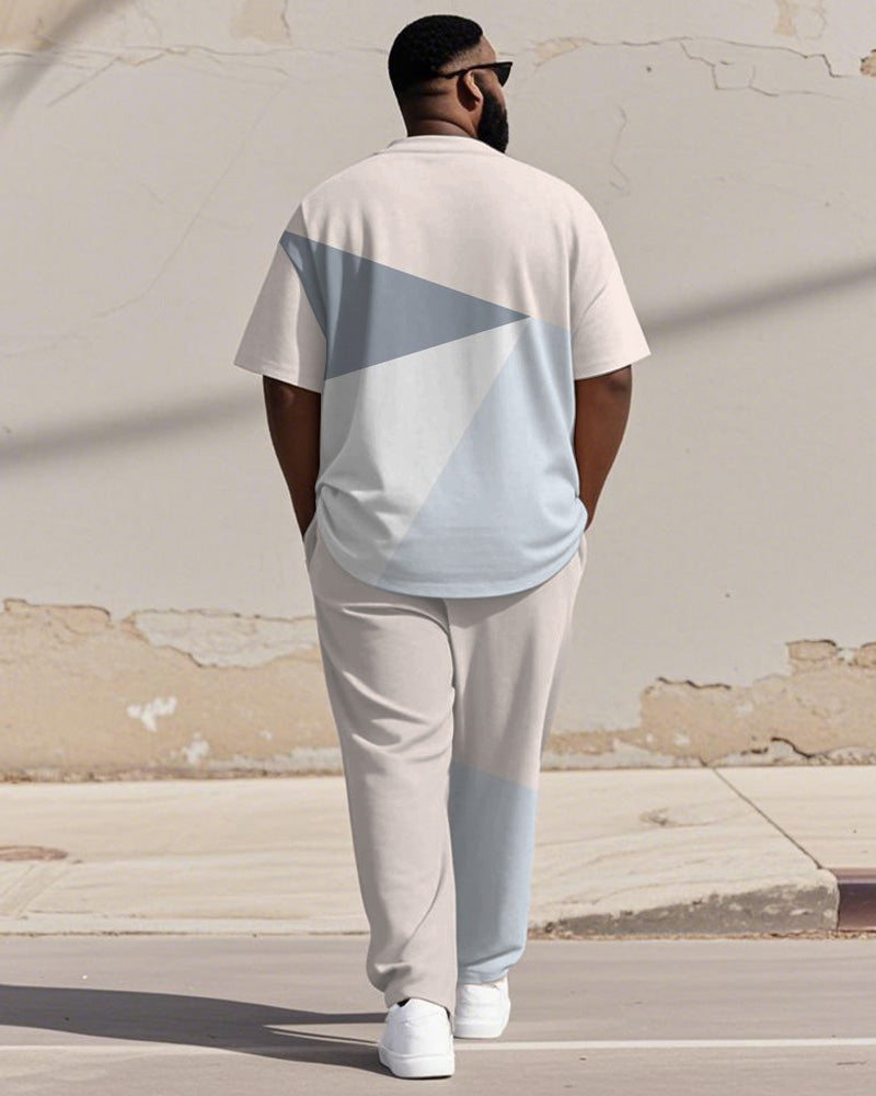 Men's Plus Size Blue Apricot Colorblock Printed Henley Collar T-Shirt Trousers Suit