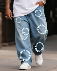 Plus Size Boys 2025 Fashion Street Creative Round English Print Jeans