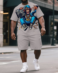 Big & Tall Men's Street Fashion 80s Hip Hop Gorillas Print Short-Sleeved T-shirt and Short Set