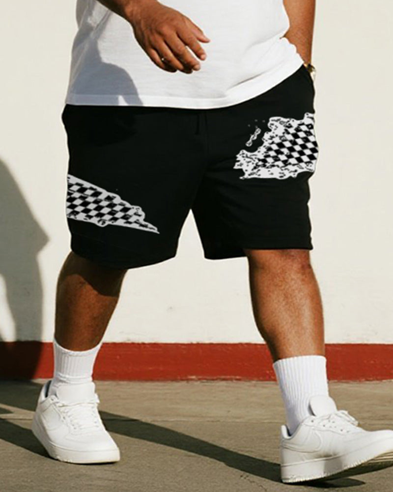 Big & Tall Men's Black And White Graffiti Checkerboard BIGGMANS Letter Printed Round Neck Short Sleeve T-Shirt Shorts Suit