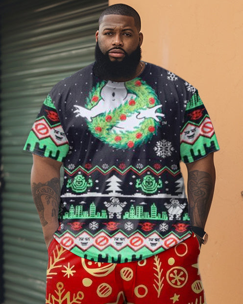 Men's Plus Size Christmas Geometric Print Patchwork Short Sleeve Shorts Set