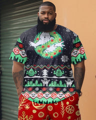 Men's Plus Size Christmas Geometric Print Patchwork Short Sleeve Shorts Set