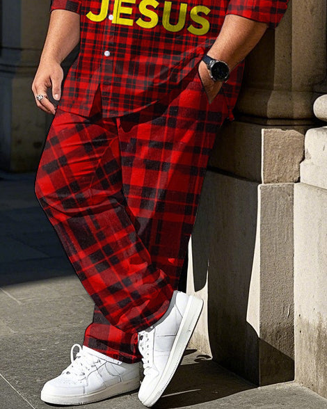 Big Guy's Daily Casual SAVED BY JESUS Red Plaid Printed Long Sleeve Shirt Pants Set