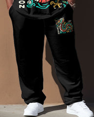 Men's Plus Size Black Vintage Dragon Totem Print T-Shirt Trousers Suit
