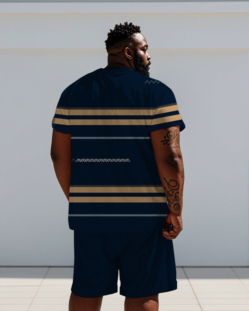 Men's Plus Size Casual Blue Stripe Print Short Sleeve T-Shirt Shorts Suit
