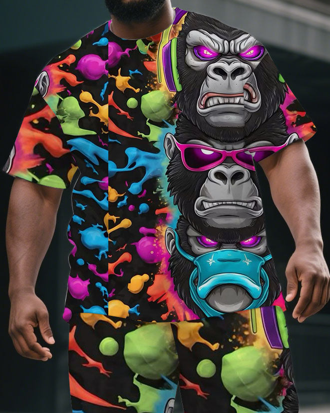 Men's Big & Tall Dreamy Cartoon Splicing Gorillas Print Short-Sleeved T-shirt & Short Set
