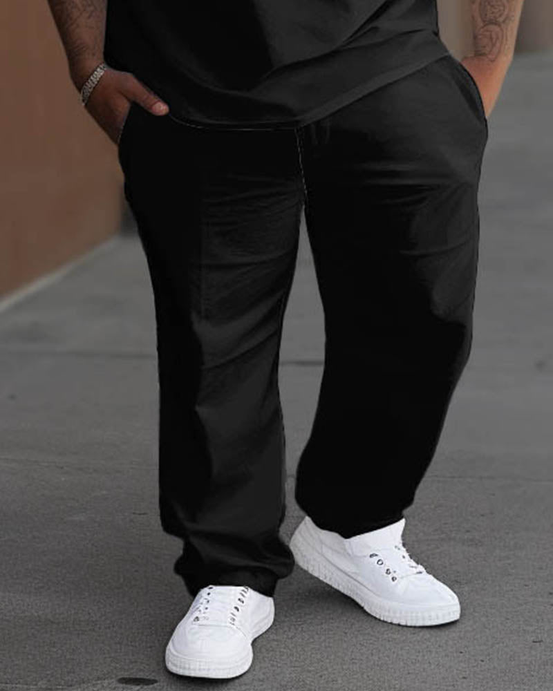 Men's Large Daily Black Solid Color T-Shirt Trousers Set