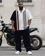 Men's Plus Size Simple Blue Brown Color-block Stripe Printed Short-sleeved Shirt Trousers Suit