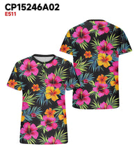 Men's Plus Size Hawaiian Pink Floral Print Henry Collar Button Short Sleeve Tee
