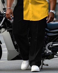 Big & Tall Men's Yellow & Black Color-matching Business Short-sleeved Shirt Pants Suit
