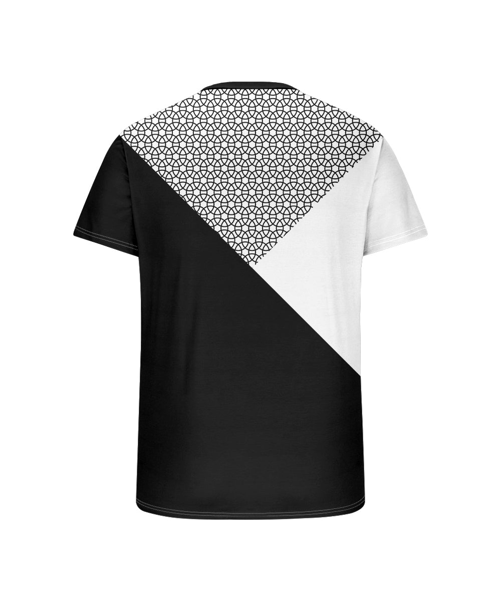 Men's Plus Size Black And White Color Block Geometric Print Henry Collar Button Short Sleeve T-shirt