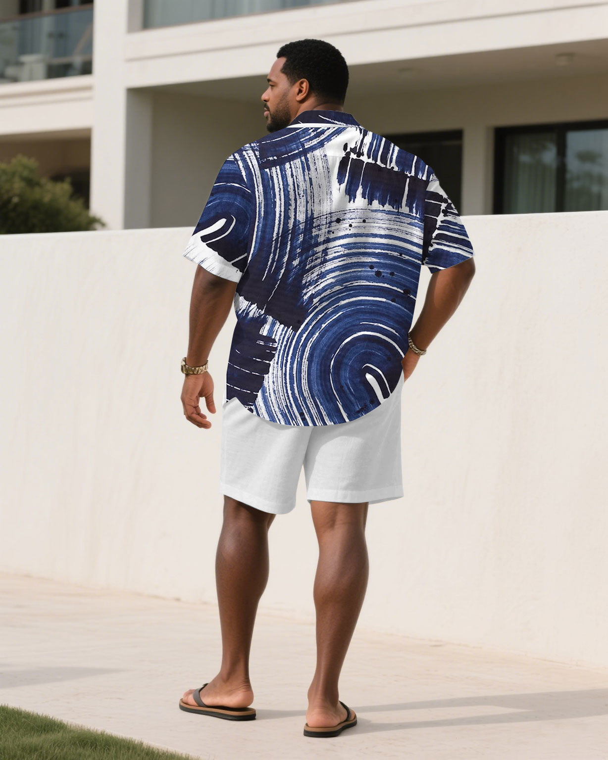 Men's Plus Size White & Blue Large Brush Graffiti Art Short Sleeve Shirt Shorts Suit
