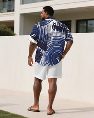 Men's Plus Size White & Blue Large Brush Graffiti Art Short Sleeve Shirt Shorts Suit