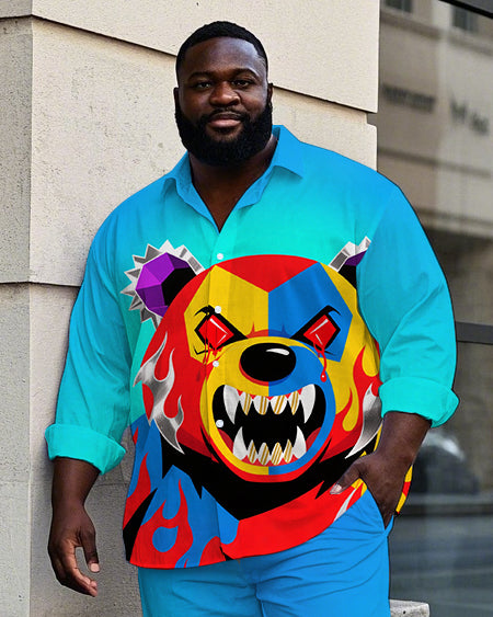 Big Men's Casual Fierce Splicing Bear Theme Gradient Effect Long Sleeve Shirt Pants Set