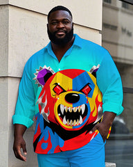 Big Men's Casual Fierce Splicing Bear Theme Gradient Effect Long Sleeve Shirt Pants Set