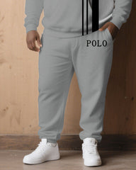 Big & Tall Men' Autumn And Winter Gray & White & Black Stitching Simple Chest Small Label Printed Hoodie Suit