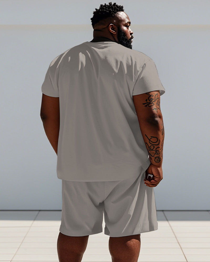 Men's Plus Size Daily Casual Khaki Striped Print Short Sleeve T-Shirt Shorts Suit