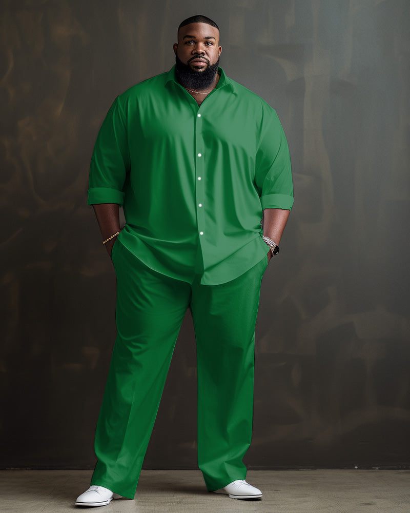 Solid Color Big Guys Long Sleeve Lapel Shirt and Pants Set