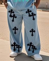 Plus Size Men Street Fashion Crucifix Sticker Art Hell's Eye Denim T-Shirt Pants Suit