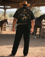 Western Denim-Men's Plus Size Black Wild Horse Hero Short Sleeve Shirt Trousers Suit