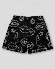 Plus Size Men's Black Slogan Lip Graffiti Print Sports Mesh Quick Dry Shorts