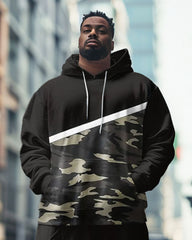 Men's Street Fashion Black Patchwork Camouflage Print Big & Tall Hoodie Set