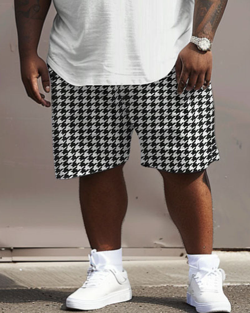 Men's Plus Size Casual Simple Houndstooth Color-block Printed T-shirt Shorts Suit