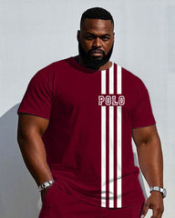 Men's Plus Size Casual Wine Red Color-block Line Chest Small Label Printed Short-sleeved T-shirt Trousers Suit