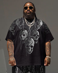 Big Guy's Street Hip Hop Skull Chain Print T-Shirt Shorts Set