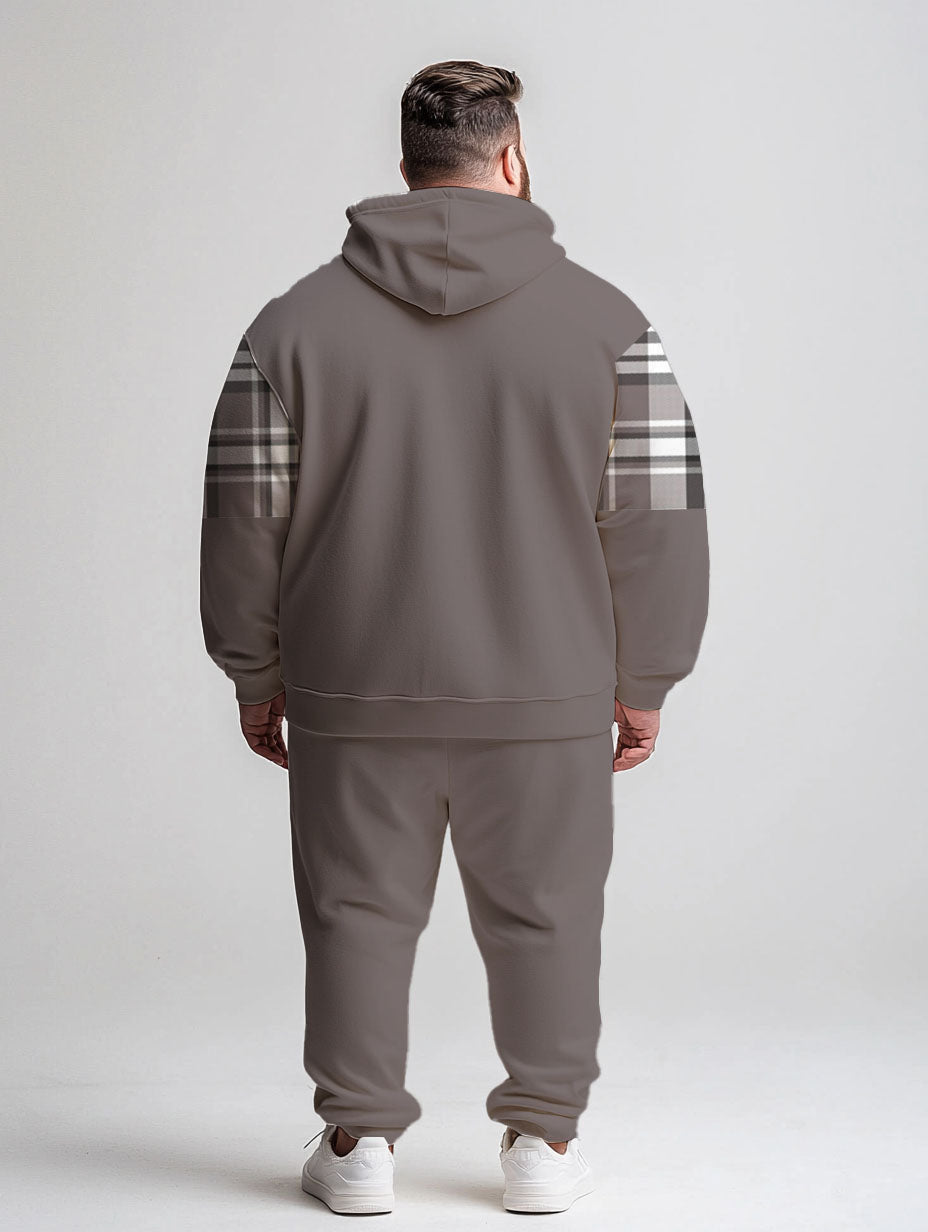Men's Daily Casual Versatile Classic Grey Plaid Print Big and Tall Hoodie Set