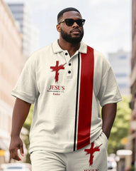 Big & Tall Men's Business Apricot Colorblock Striped Cross Print Short Sleeve Polo Shirt Shorts Suit