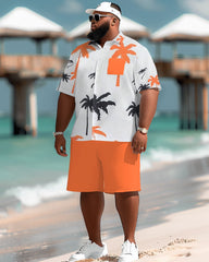 Big Men Hawaiian Coconut Tree Print Pocket Short Sleeve Shirt Shorts Set