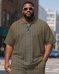 Men's Plus Size Business Brown Striped Print Short Sleeve Polo Shirt Shorts Suit