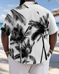 Men's Plus Size Hawaiian Black And White Leaf Print Short Sleeve Slub Shirt