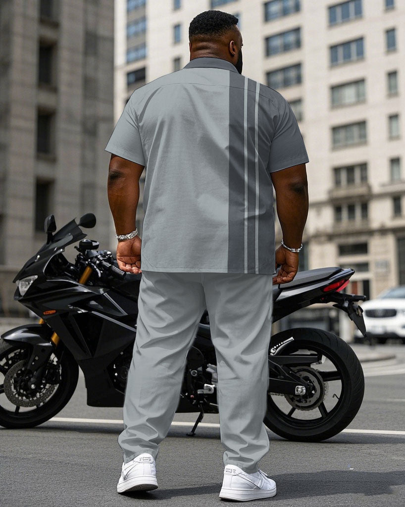 Men's Plus Size Gray Color Matching Line Fashion Short Sleeve Shirt Trousers Suit