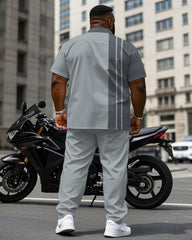 Men's Plus Size Gray Color Matching Line Fashion Short Sleeve Shirt Trousers Suit