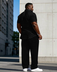Men's Plus Size Black Collar Signature Printed Short Sleeve Shirt Trousers Suit