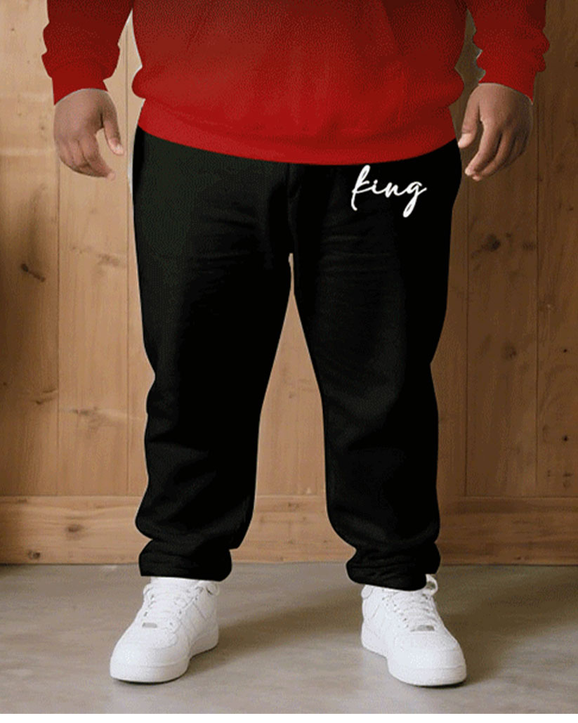 Big & Tall Men Fall/Winter Joker Casual Black & Red Gradient Chest King Printed Hoodie Suit